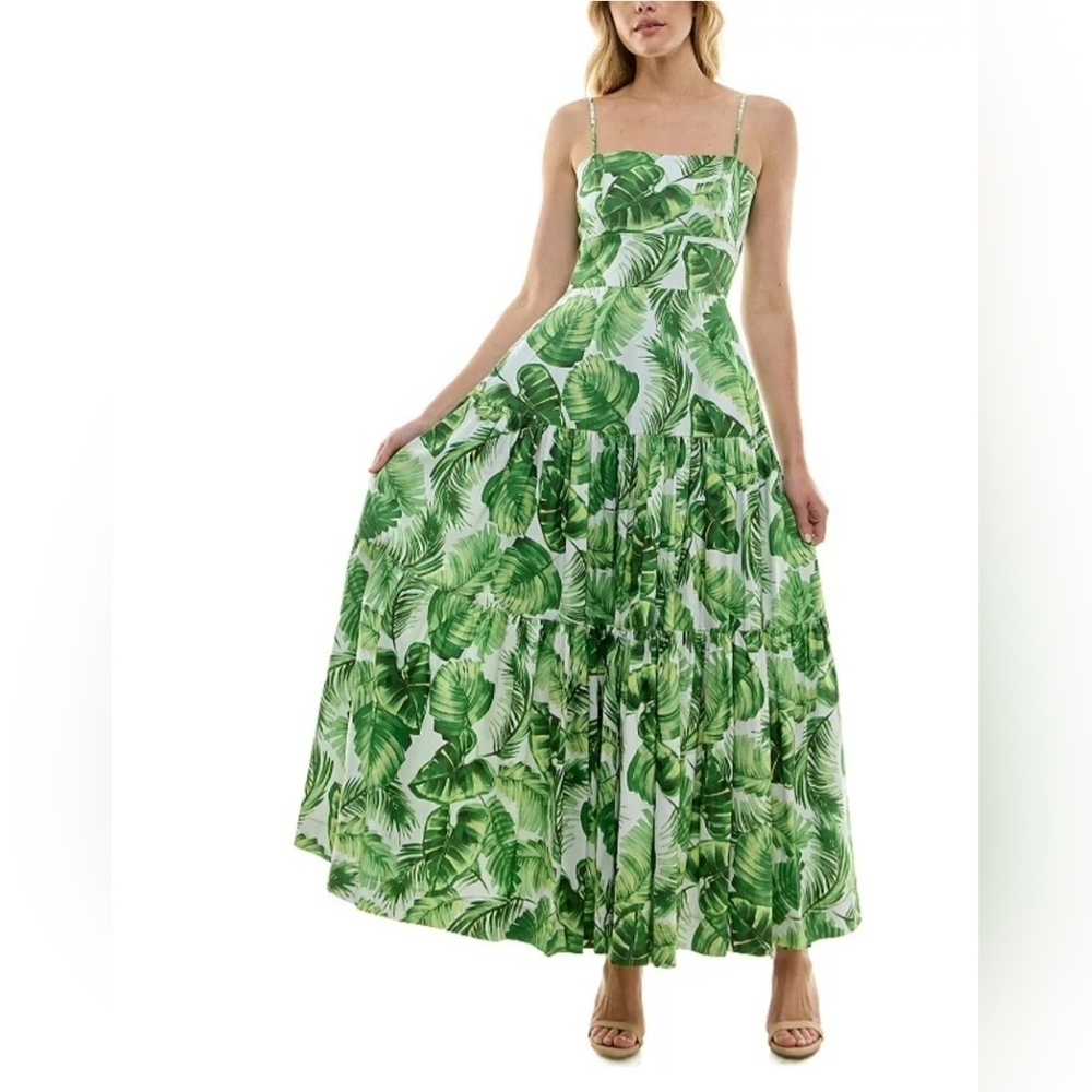 Taylor Green Leaf Pattern Maxi Dress Square Cotton  Lined Smocked Back Size 10 L